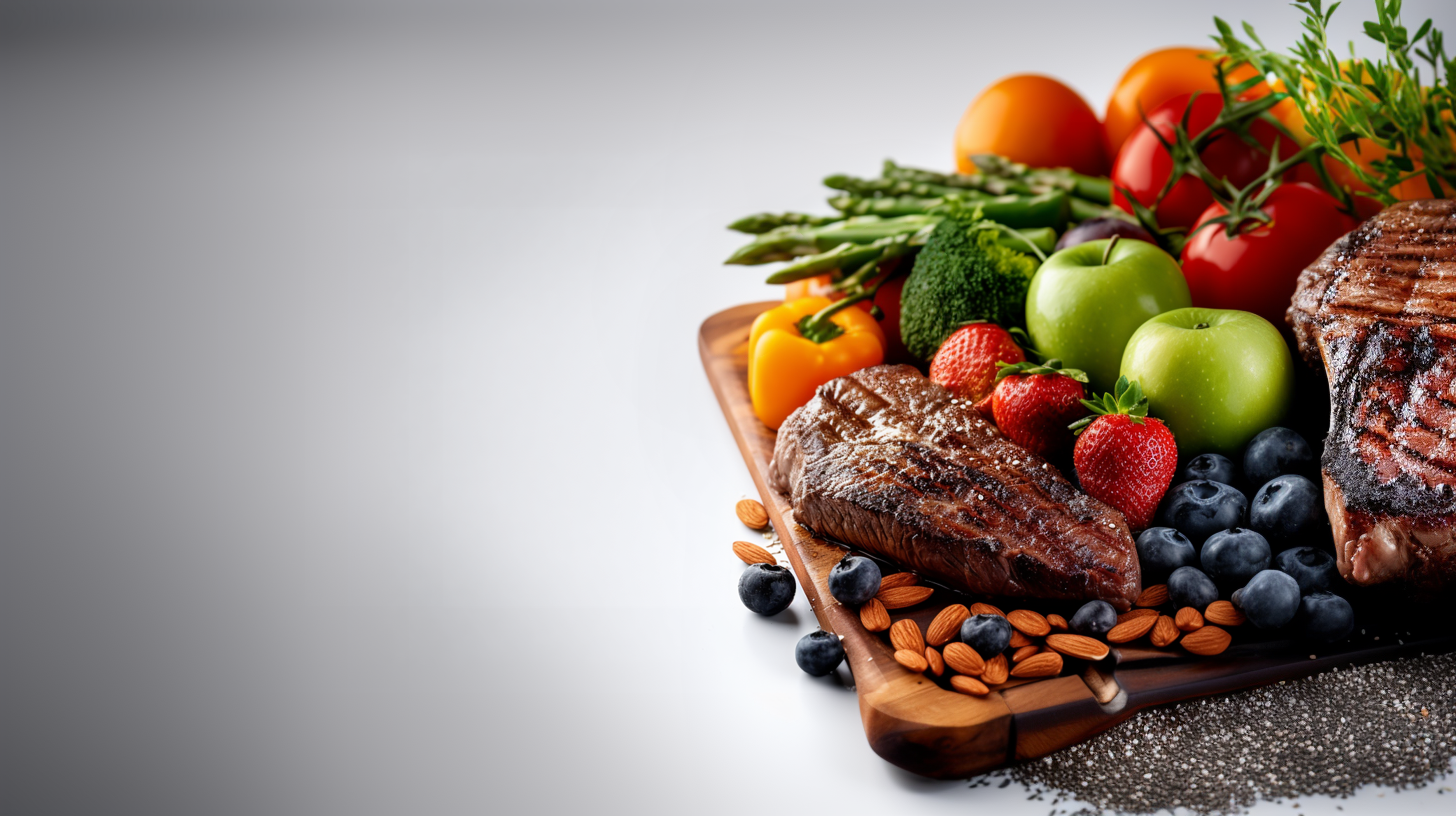 Platter with grilled steak, vegetables, and fruits on a gray background