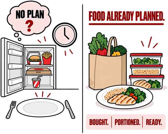 No plan: a fridge with takeaway food and an empty plate. Food already planned: groceries, prepared portions and a meal, bought, portioned and ready.